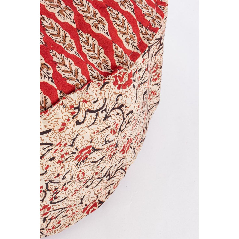 Pouf LORIENT, red with leaf and flower motifs