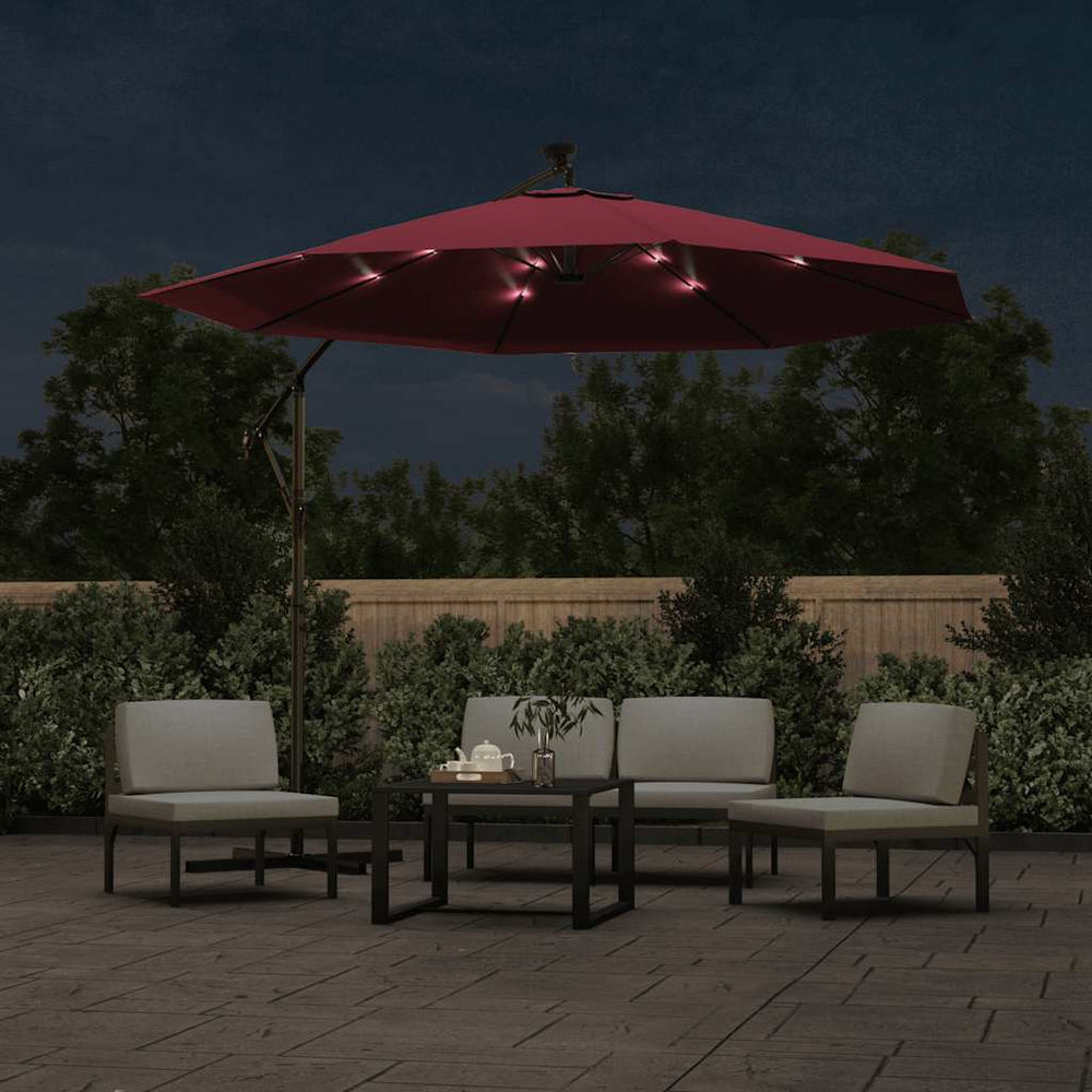 Cantilever garden parasol with LED and steel pole, wine red
