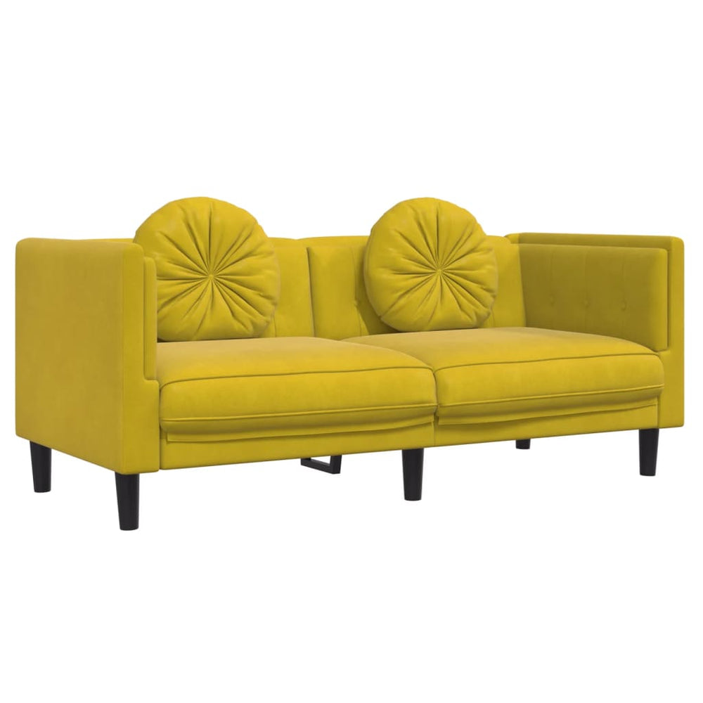 Dvivietė sofa su pagalvėlėmis, geltonos spalvos, aksomas