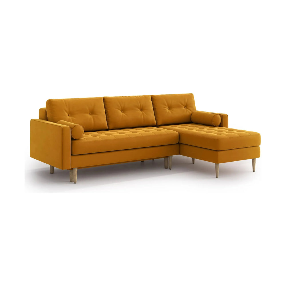ESME dygsniuota kampinė sofa lova, oranžinė spalva, universali kampinė pusė