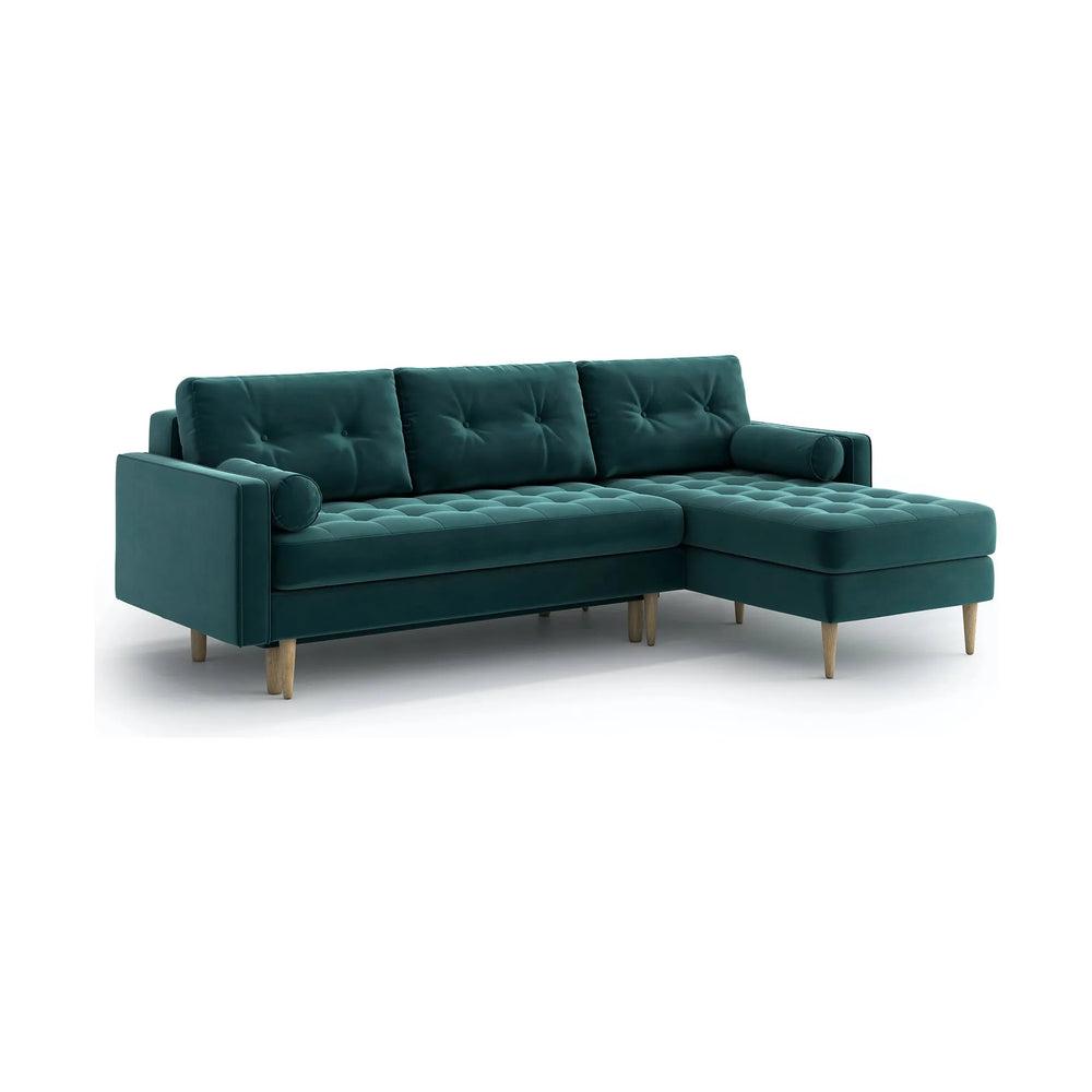 ESME dygsniuota kampinė sofa lova, žalia spalva, universali kampinė pusė