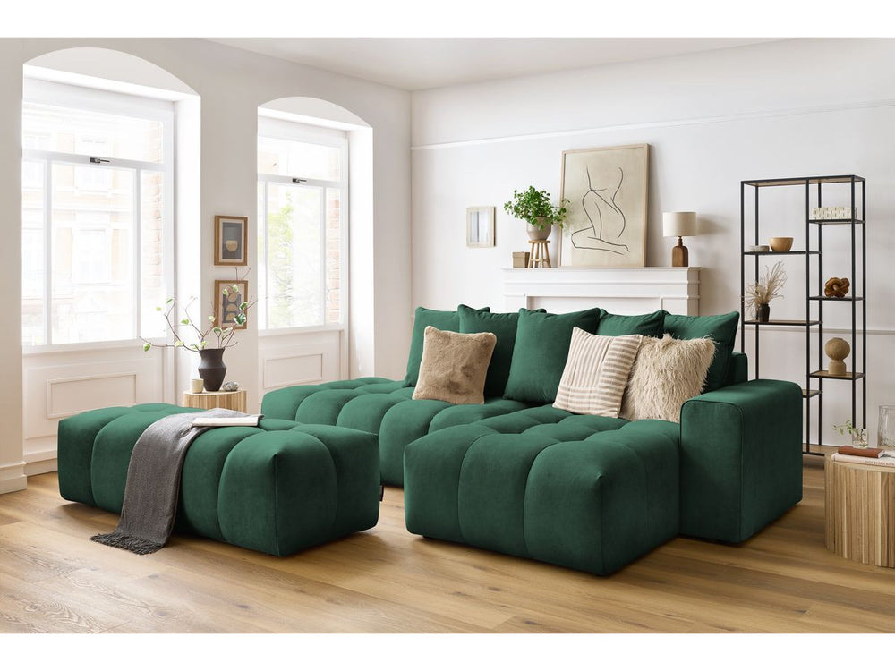Kampinė sofa su pufu MONT-BLANC, veliūras, žalia audinio tekstūra
