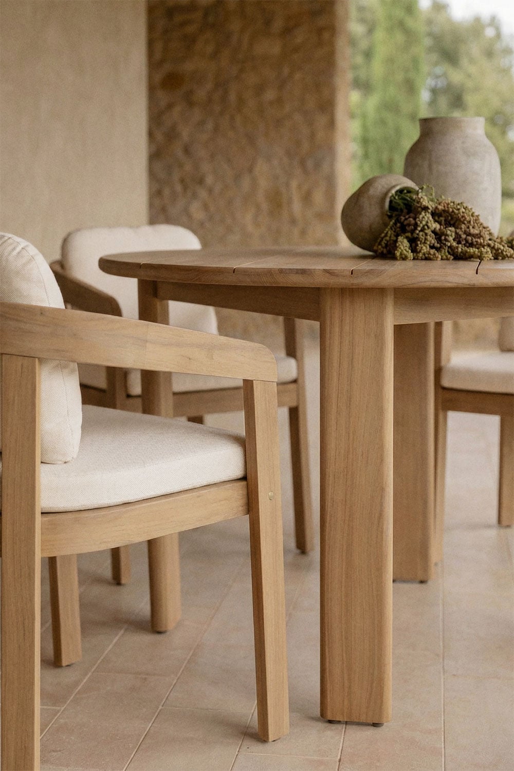 Outdoor set ULENO, round table, 4 chairs, light acacia