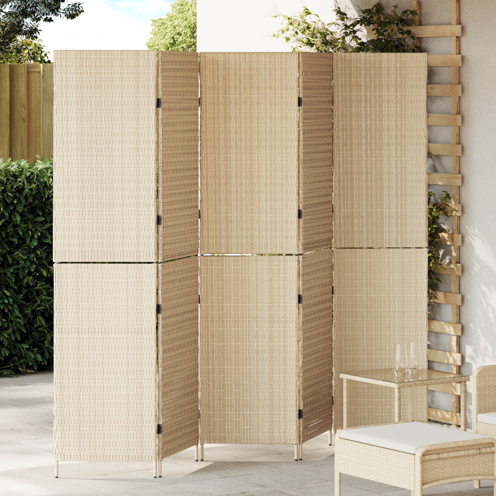 Room Divider 5-Panel Folding Beige 245x180 cm Poly Rattan