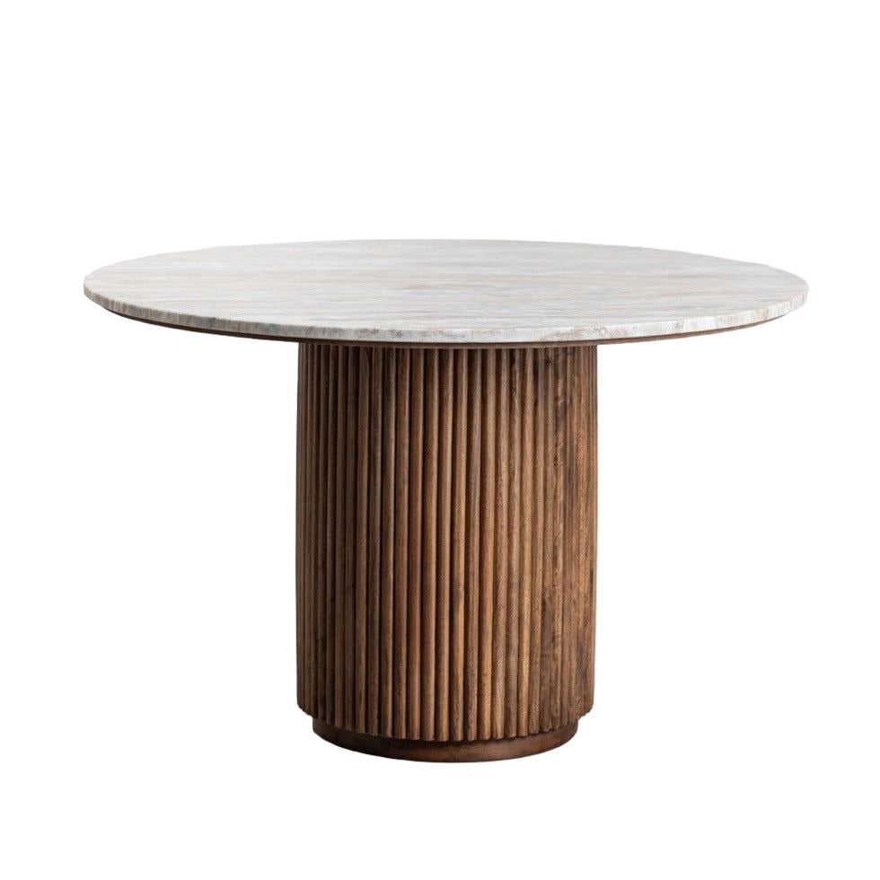 Apvalus valgomasis stalas ZELDA iš marmuro ir mango medienos (Ø120 cm)
