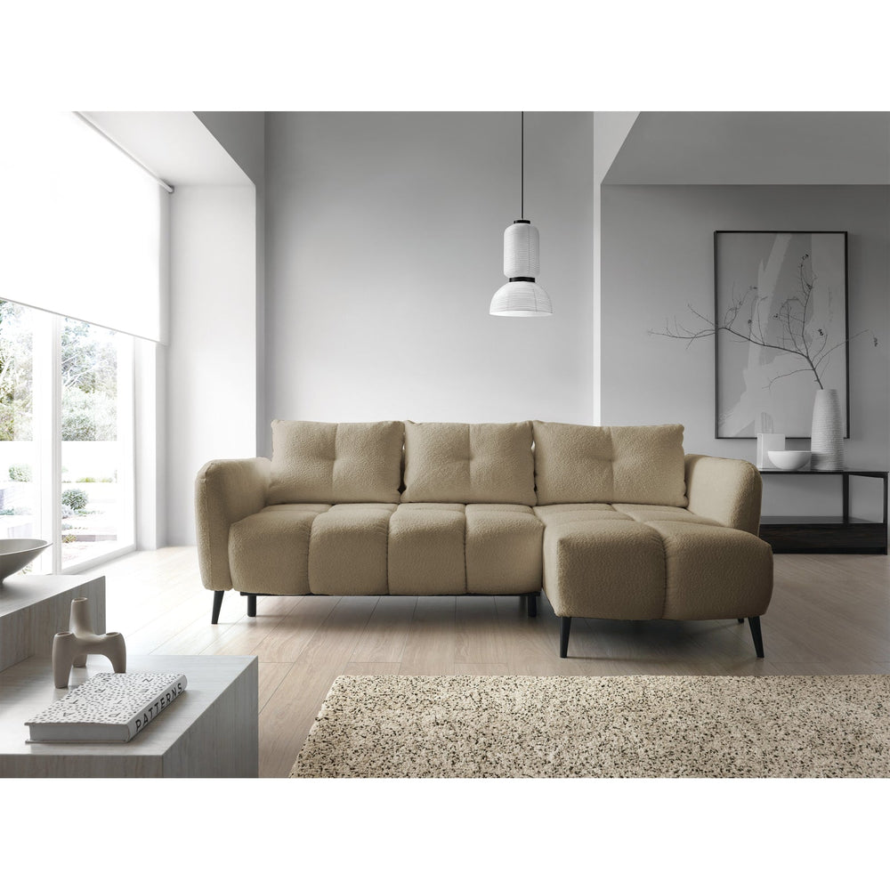 Kampinė sofa RIONACH, smėlinė, dešinė su vaza ir žvakėmis