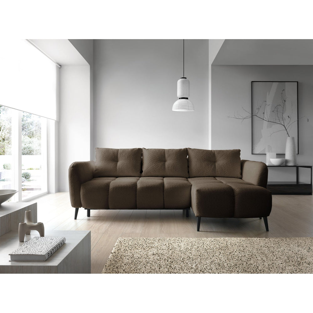 Kampinė sofa RIONACH, rudas, dešinė – naudojimo pavyzdys