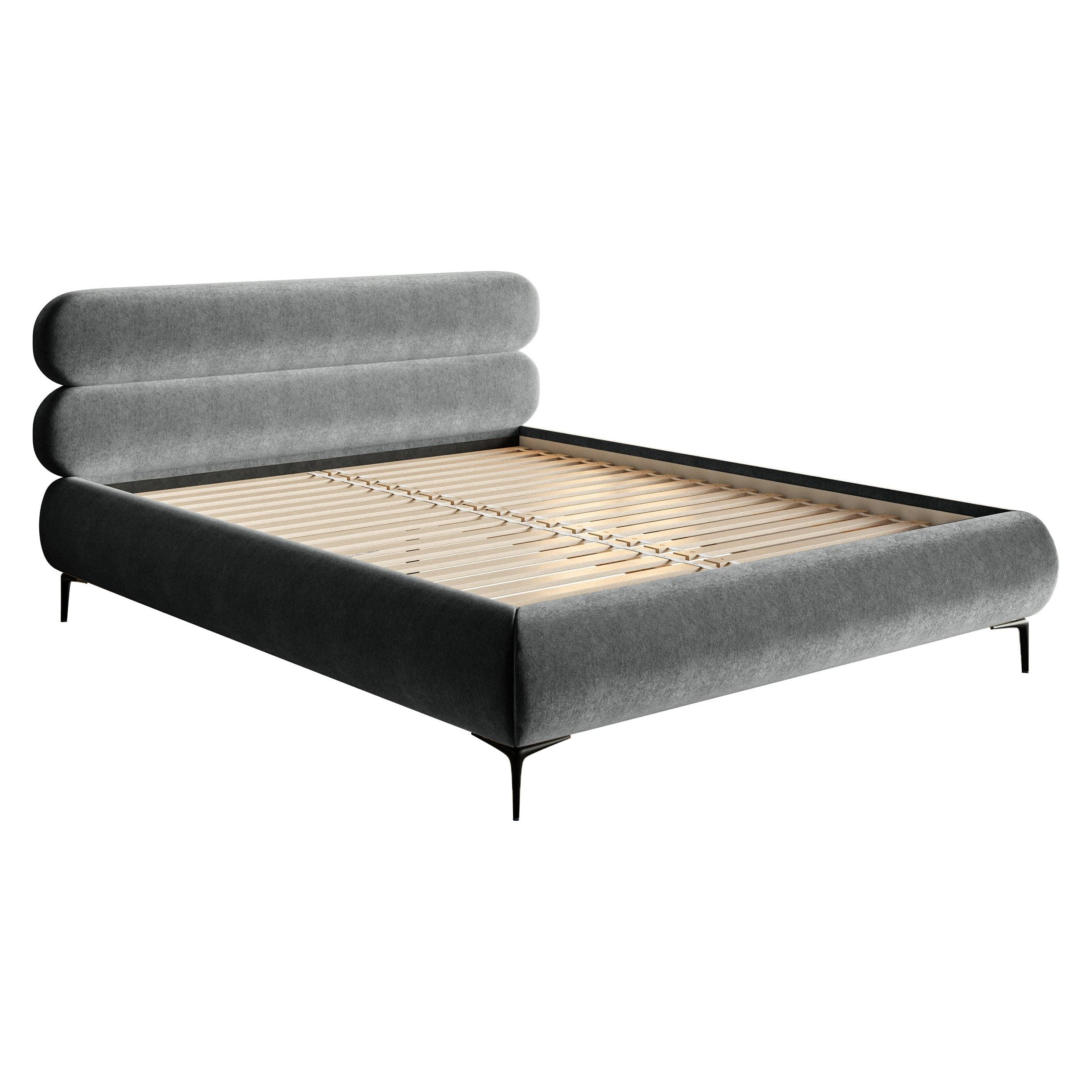 Minkšta lova 140x200 cm ROUL,  pilka spalva, aksomas, juodos kojos
