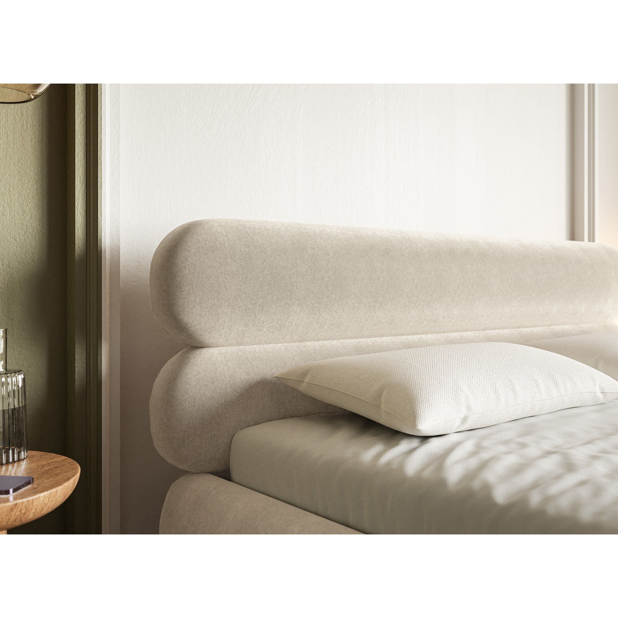 Minkšta lova 160x200 cm ROUL,  šviesi smėlio spalva, su patalynės dėže, aksomas, auksinės spalvos kojos