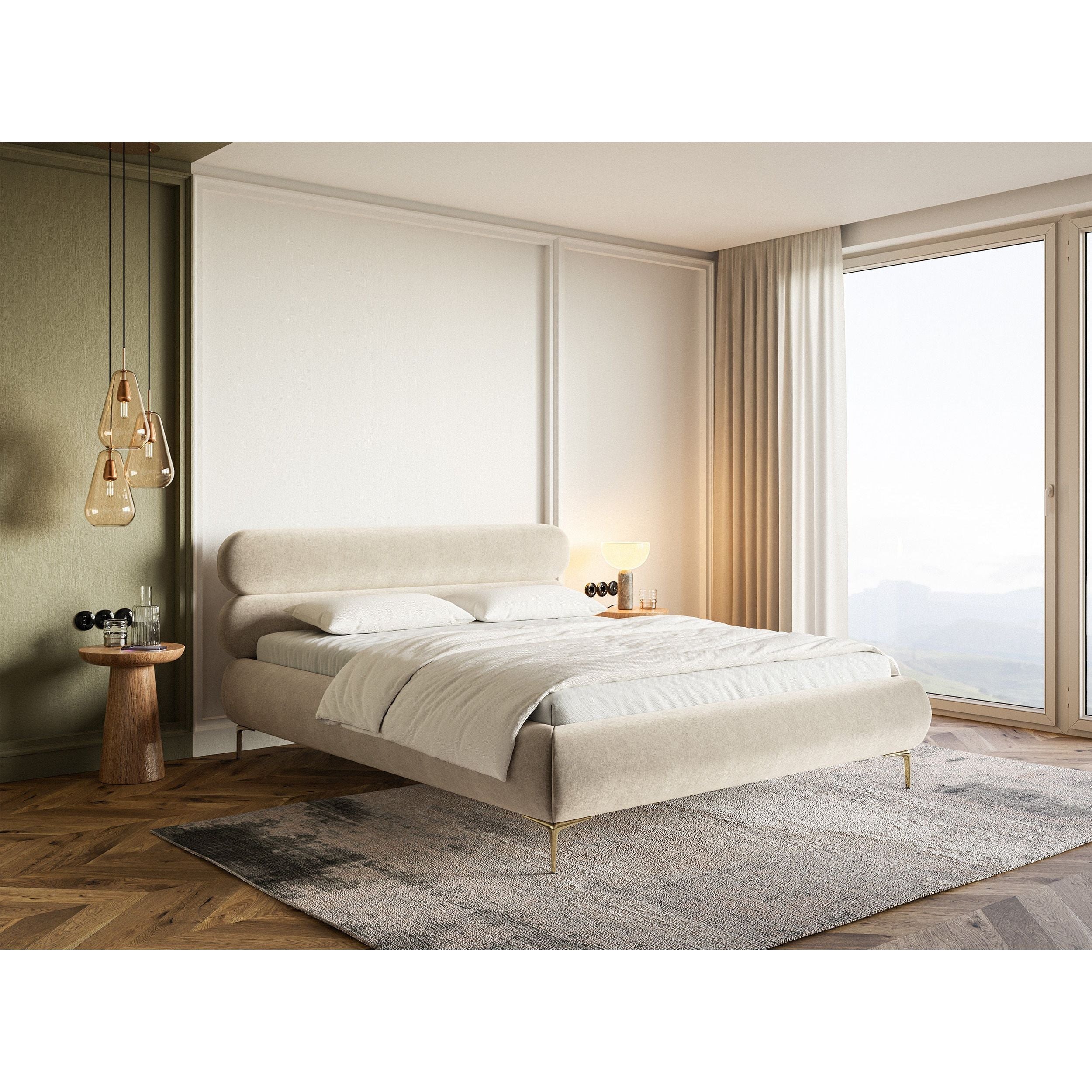 Minkšta lova 160x200 cm ROUL,  šviesi smėlio spalva, su patalynės dėže, aksomas, auksinės spalvos kojos