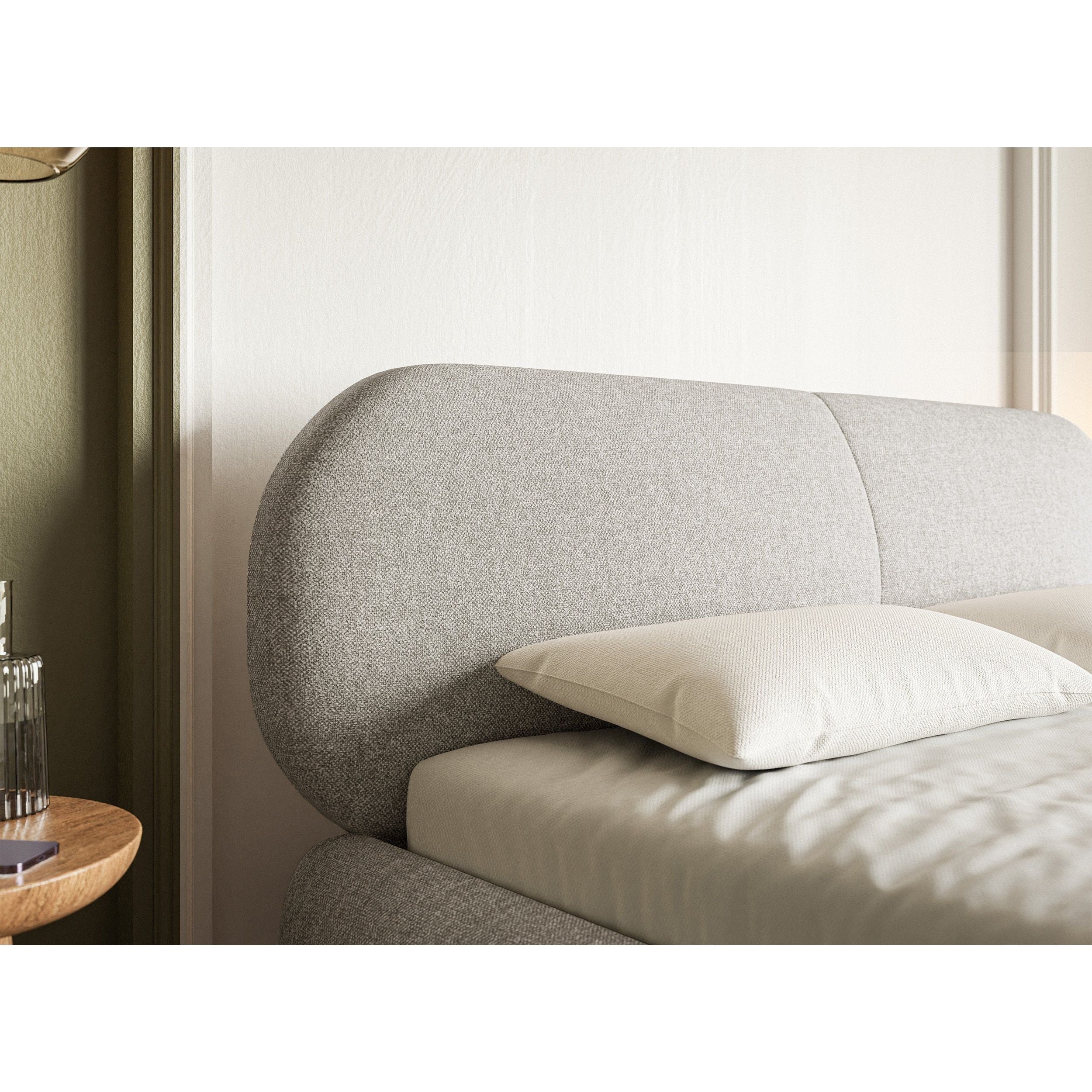 Minkšta lova 160x200 cm AVALLE, šviesiai pilkos spalvos, su patalynės dėže, juodos kojos