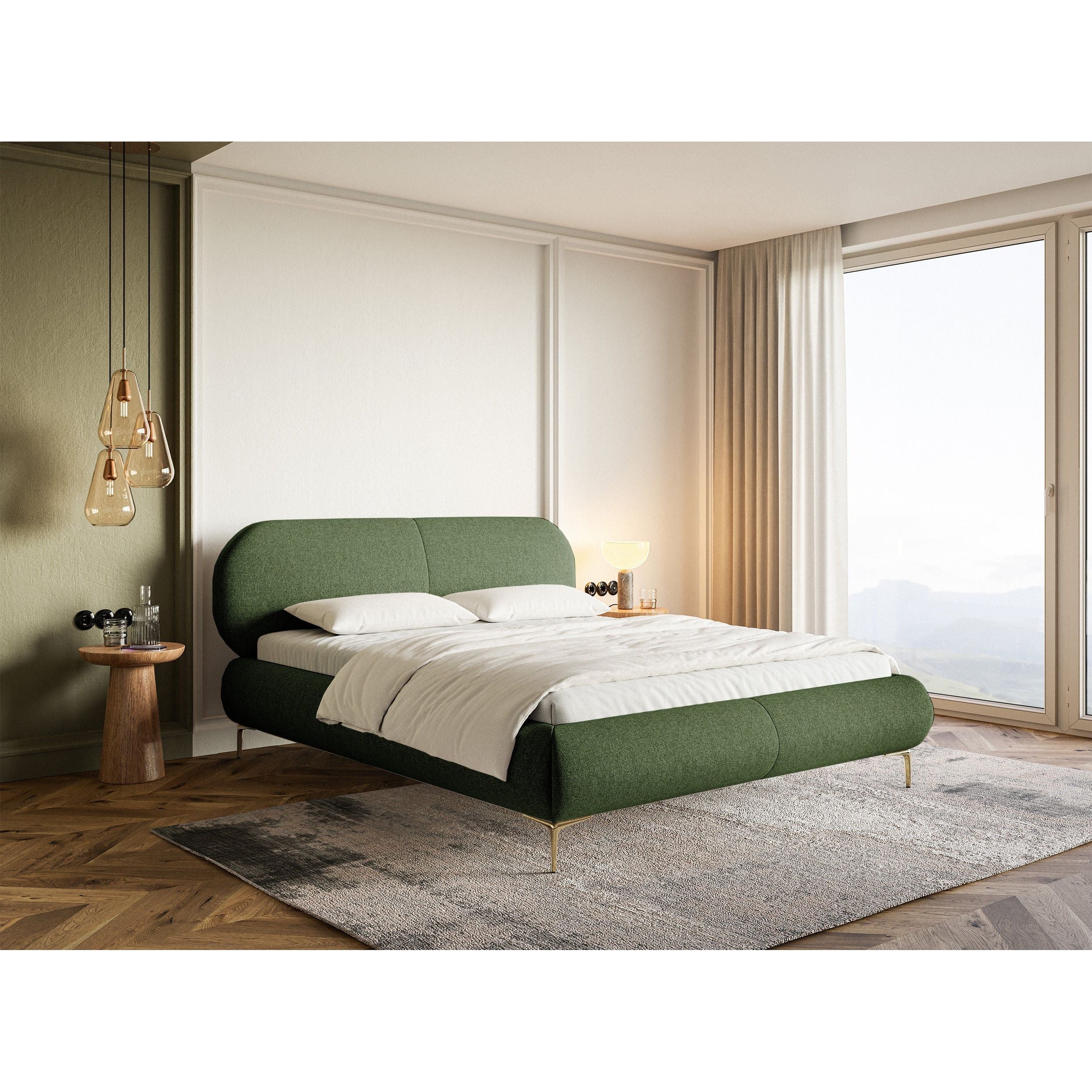 Minkšta lova 160x200 cm AVALLE, alyvuogių žalia spalva, su patalynės dėže, auksinės spalvos kojos