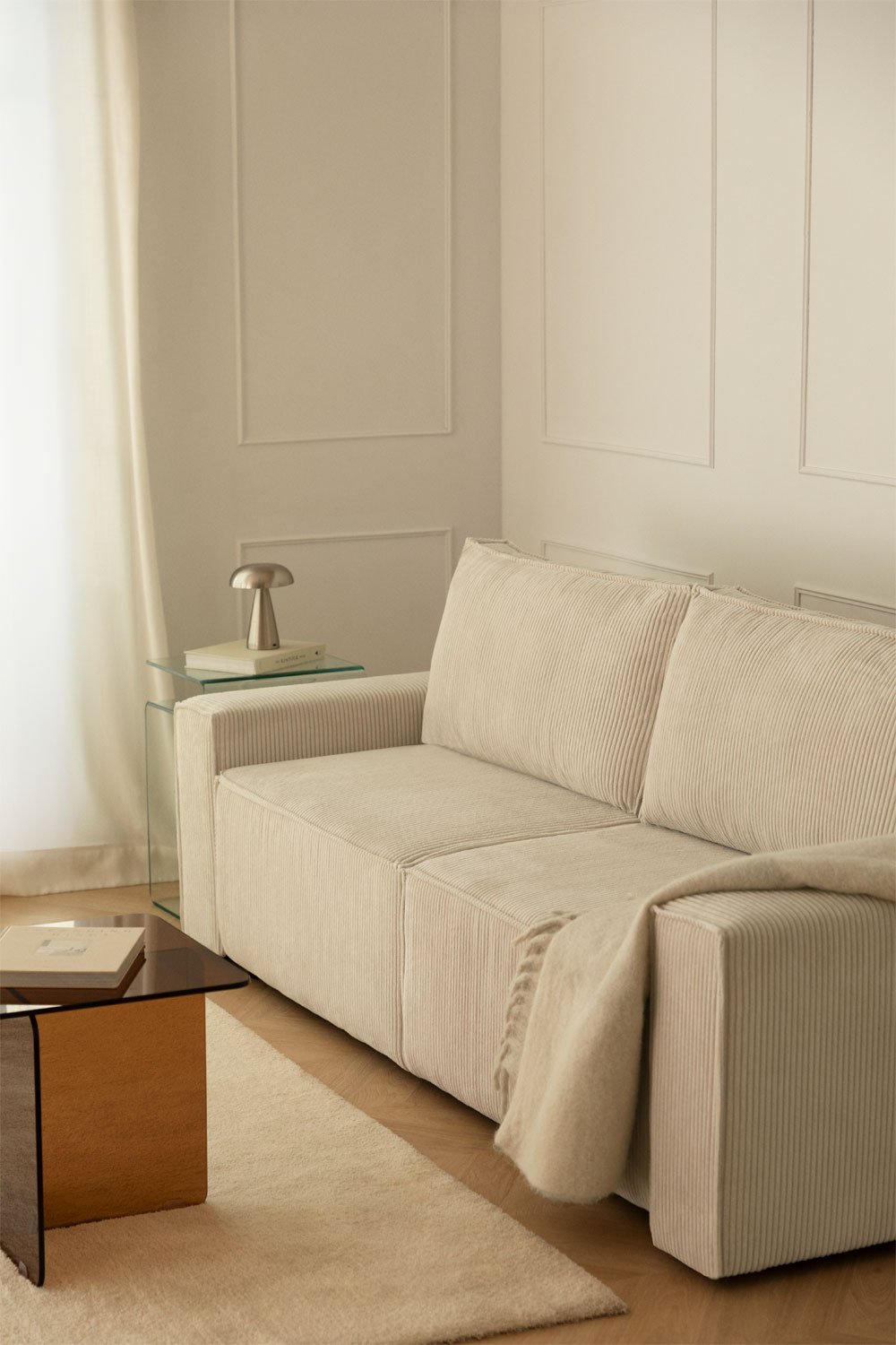 Trivietė sofa TAMLO su miegama funkcija, štruksas, kreminė