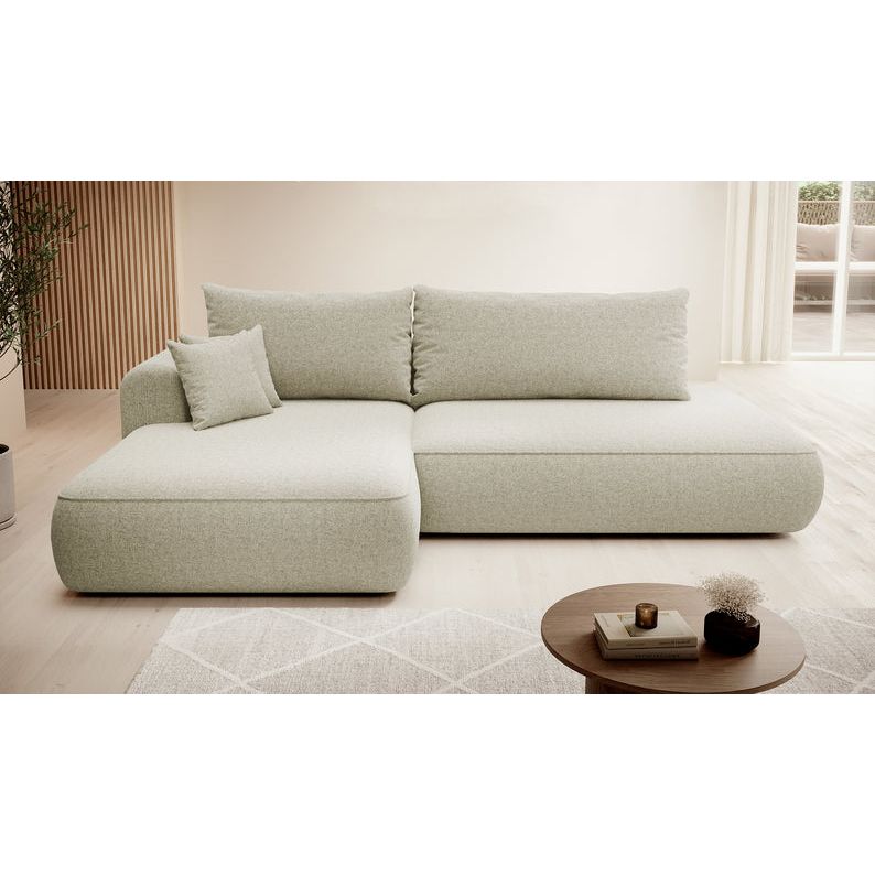 Kampinė sofa FOGA, kairė pusė, šviesi smėlio spalva, su miegamąja funkcija