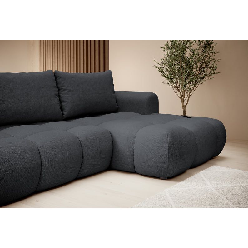 Kampinė sofa OMBO, dešinė pusė, tamsiai pilkos spalvos, su miegamąja funkcija