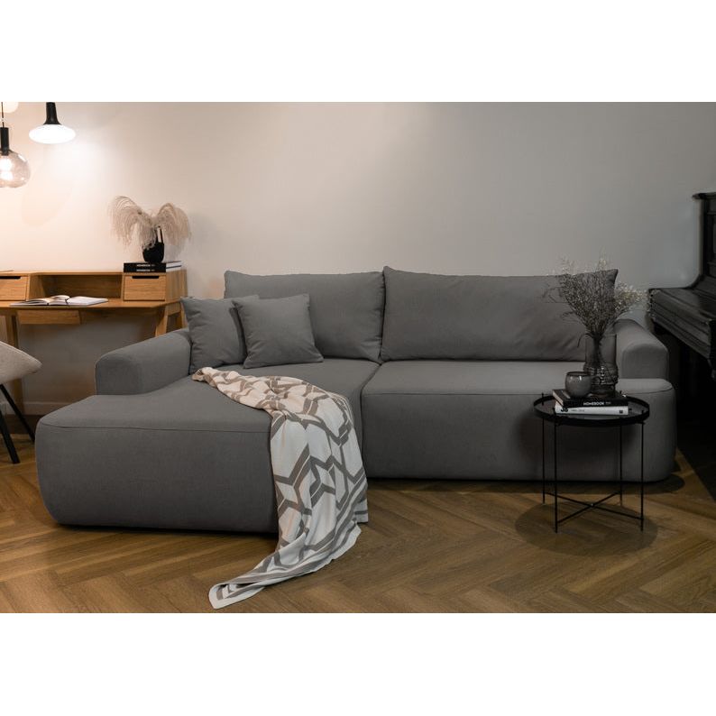 Kampinė sofa OVO,kairė pusė,tamsiai pilkos spalvos, su miegamąja funkcija, aksomas
