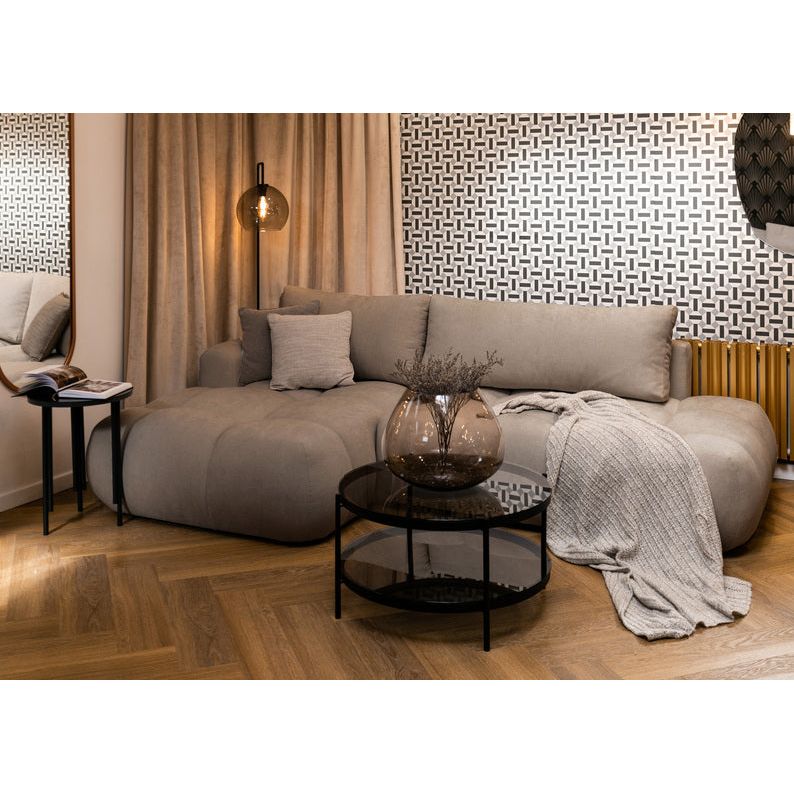 Kampinė sofa OMBO, kairė pusė, pilkai smėlio spalvos, su miegamąja funkcija