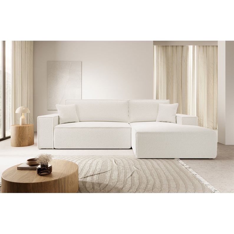 Kampinė sofa FARESE, dešinė pusė, kreminės spalvos, su miegamąja funkcija, boucle audinys