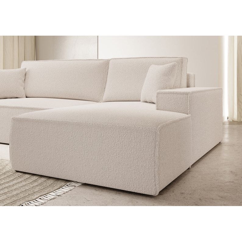 Kampinė sofa FARESE, dešinė pusė, smėlio spalvos, su miegamąja funkcija, boucle audinys