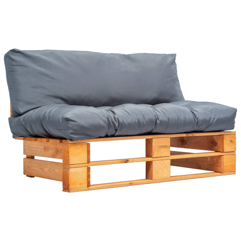 Sodo sofa iš palečių su pilk. sp. pagalvėlėmis, FSC puš. med.