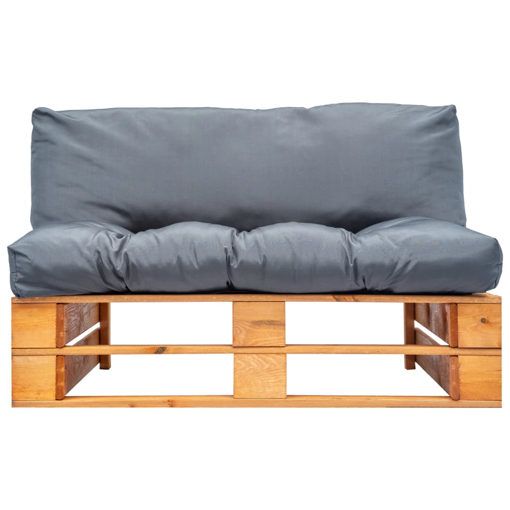 Sodo sofa iš palečių su pilk. sp. pagalvėlėmis, FSC puš. med.