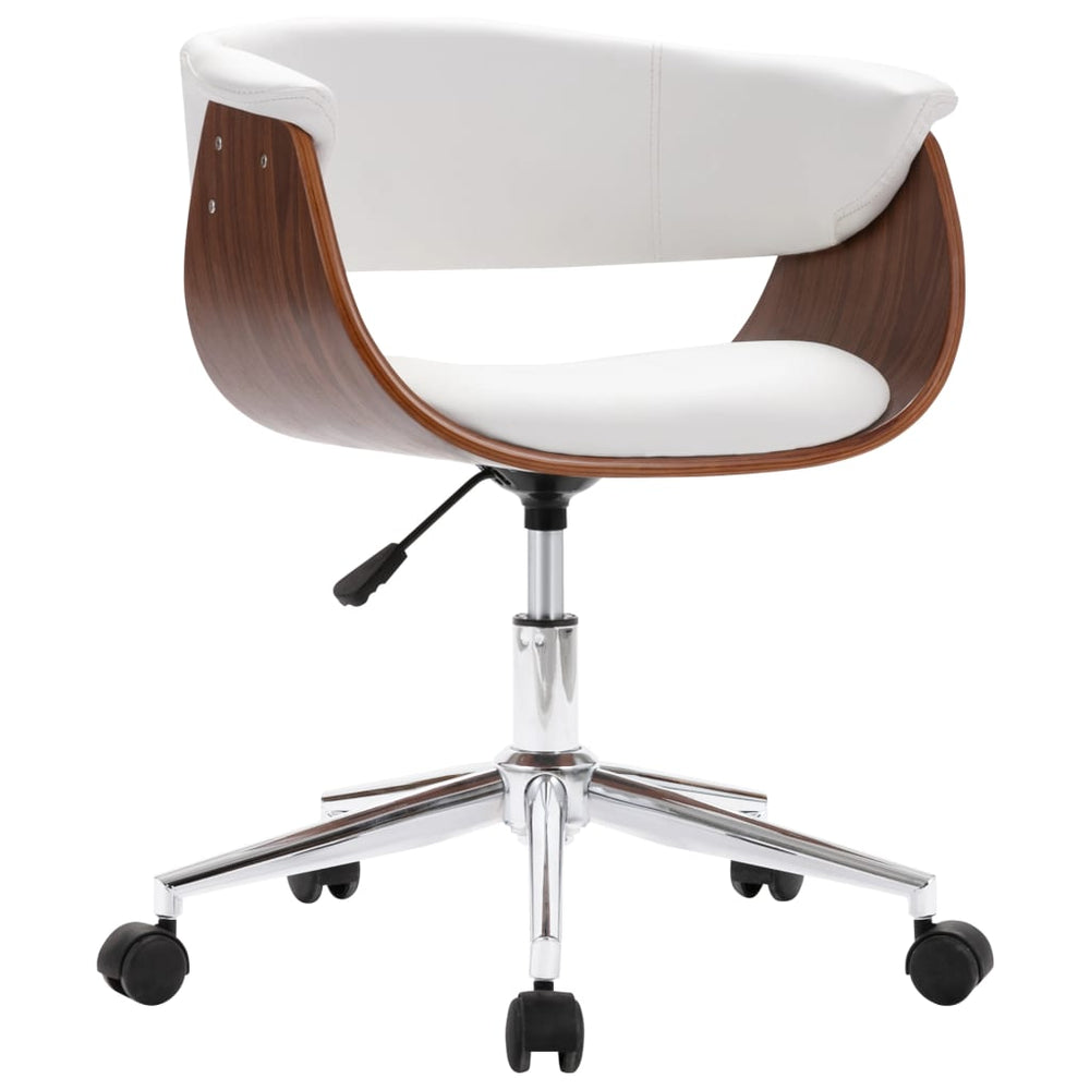 Pasukama biuro kėdė, balta, išlenkta mediena ir dirbtinė oda