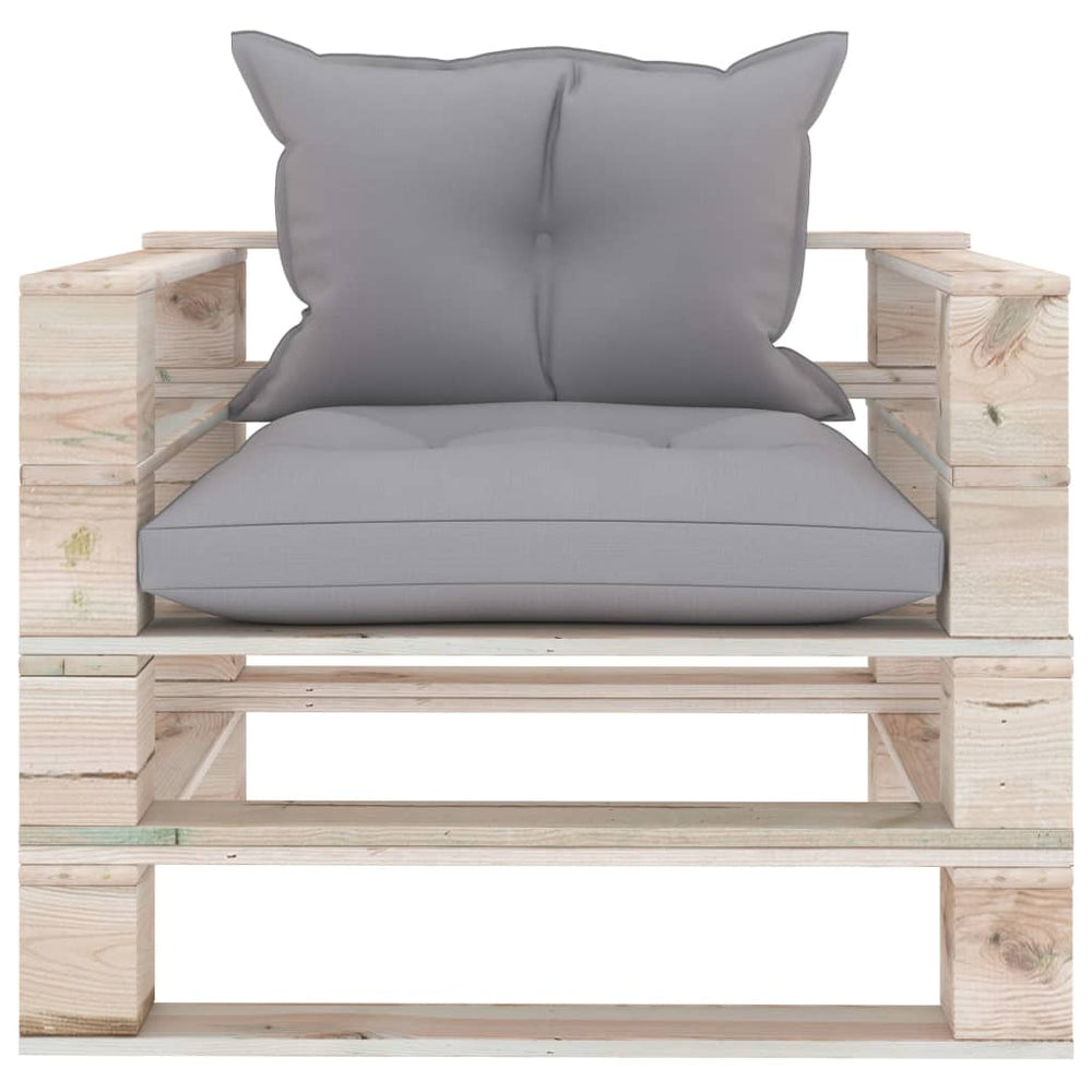Sodo sofa iš palečių su pilkomis pagalvėlėmis, pušies mediena