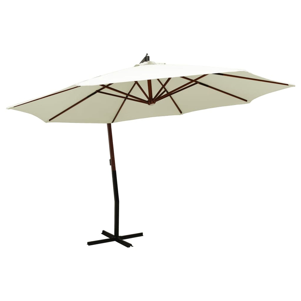 Pakabinamas skėtis su mediniu stulpu, smėlio ir baltas, 350cm