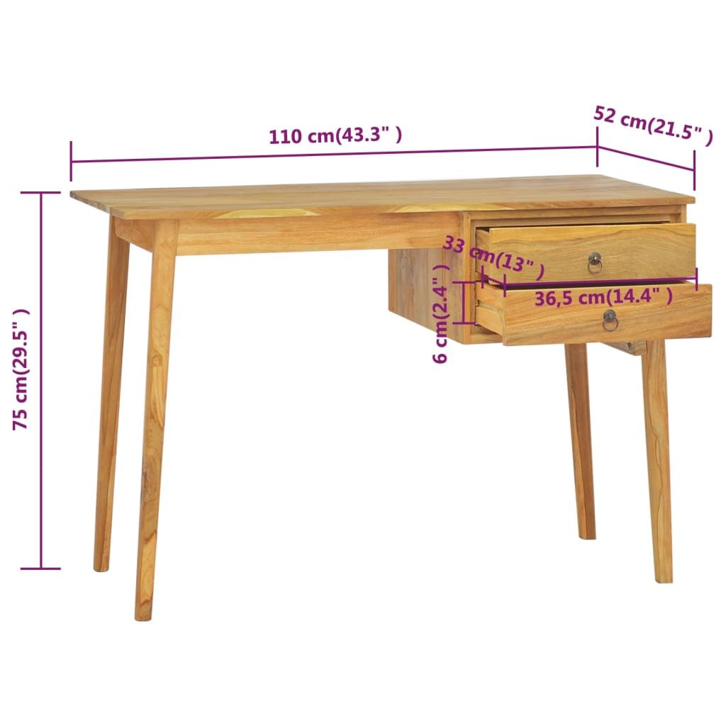 Rašomasis stalas su 2 stalčiais, 110x52x75cm, tikmedis