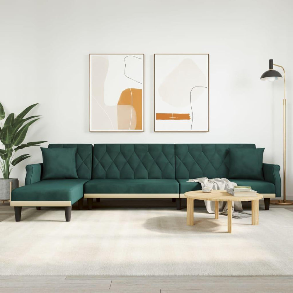 L formos sofa-lova, tamsiai žalia, 271x140x70cm, aksomas