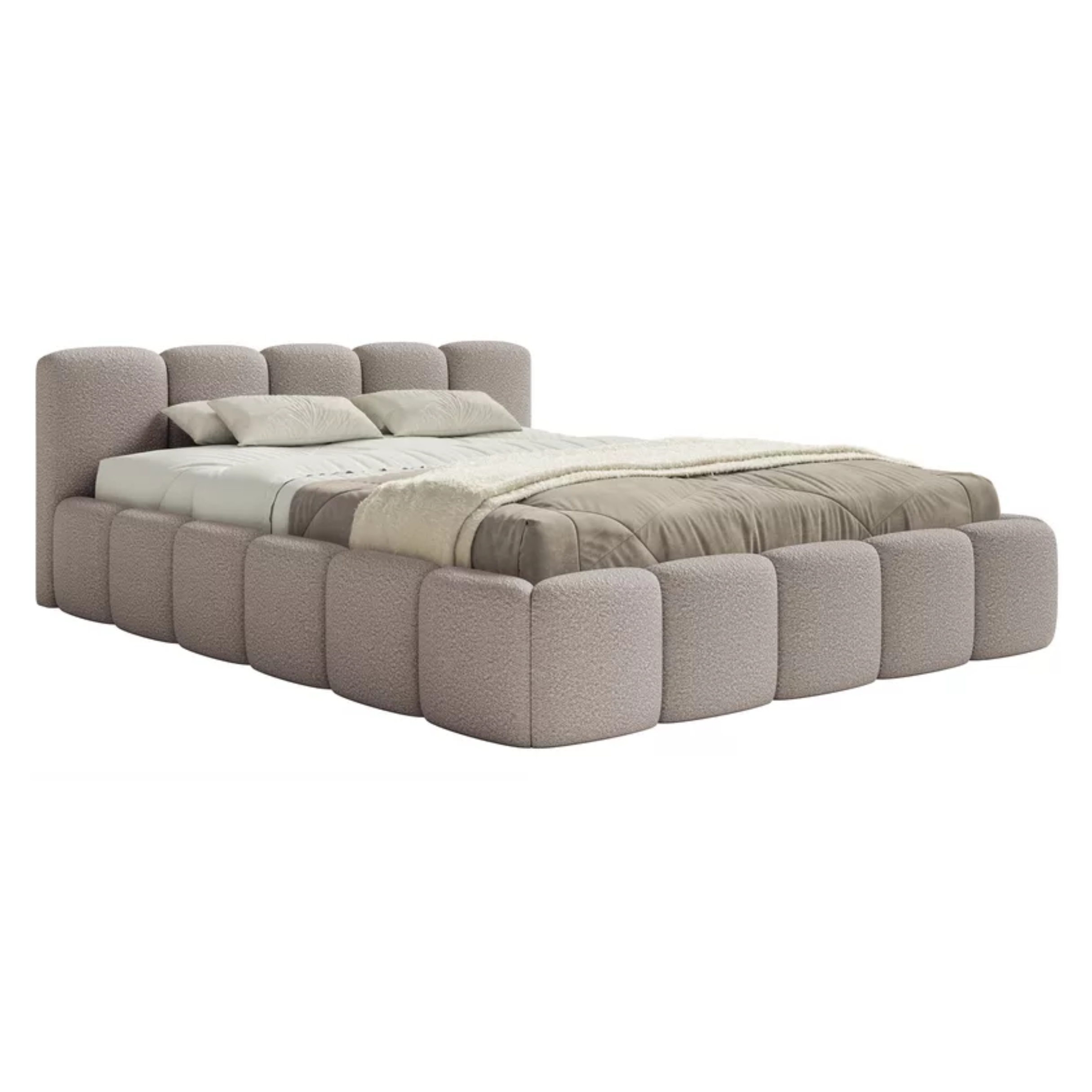 Bedroom bed SOFTY LOW, light grey boucle