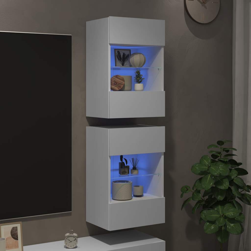Sieninės spintelės su LED apšvietimu televizoriui, 2vnt., baltos, 40x30x60,5cm