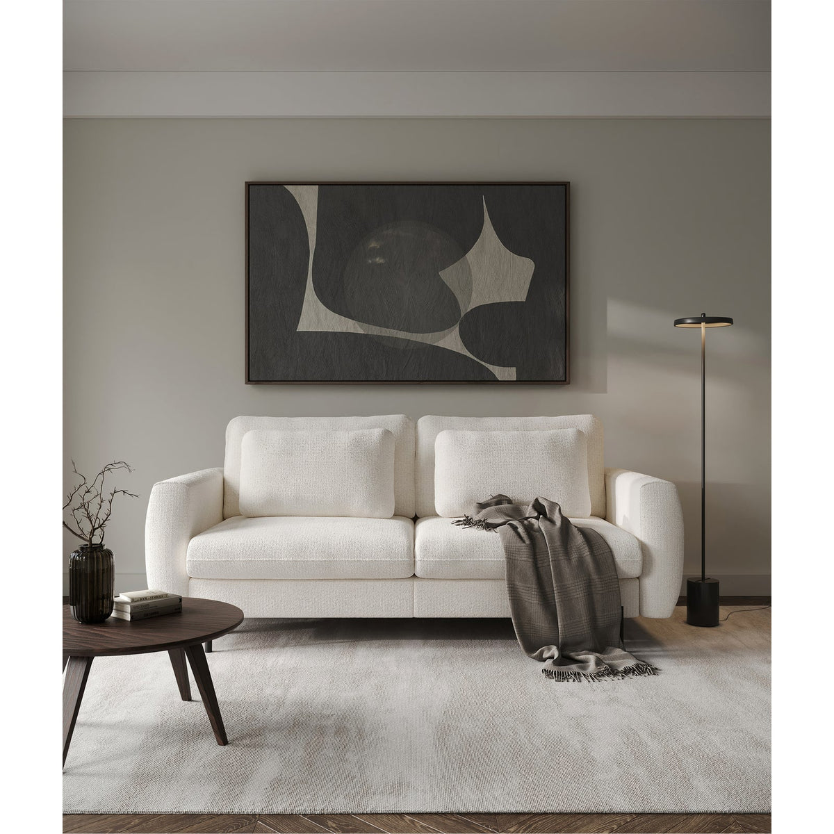 Sofa-lova SEANE, kreminis šenilas erdvioje svetainėje