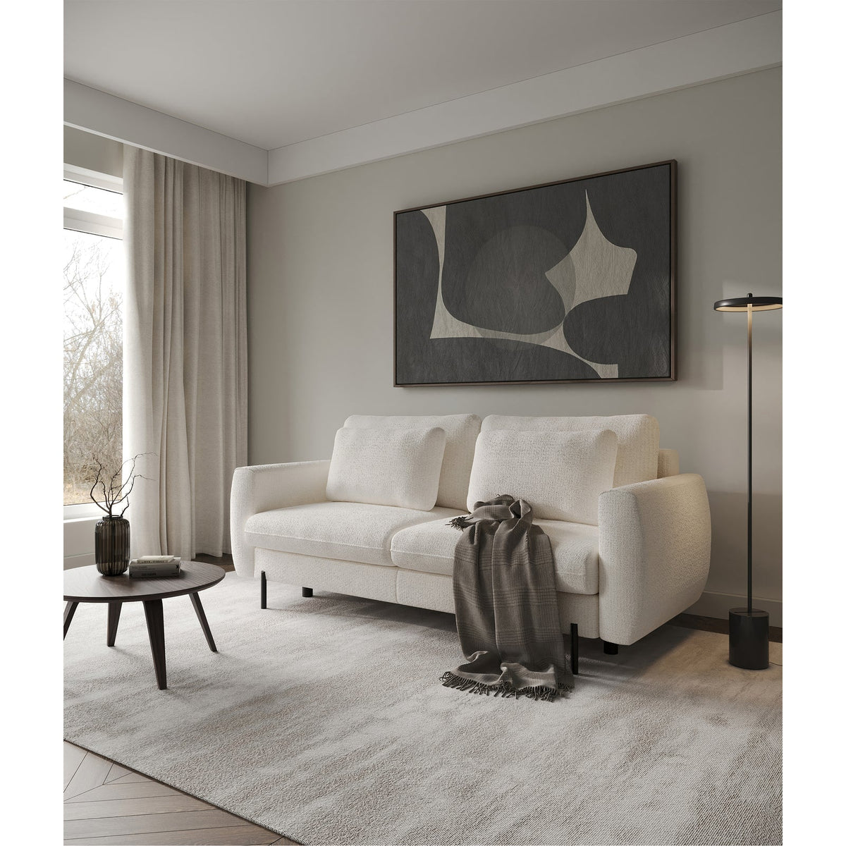 Sofa-lova SEANE, kreminis šenilas kompaktiškoje erdvėje