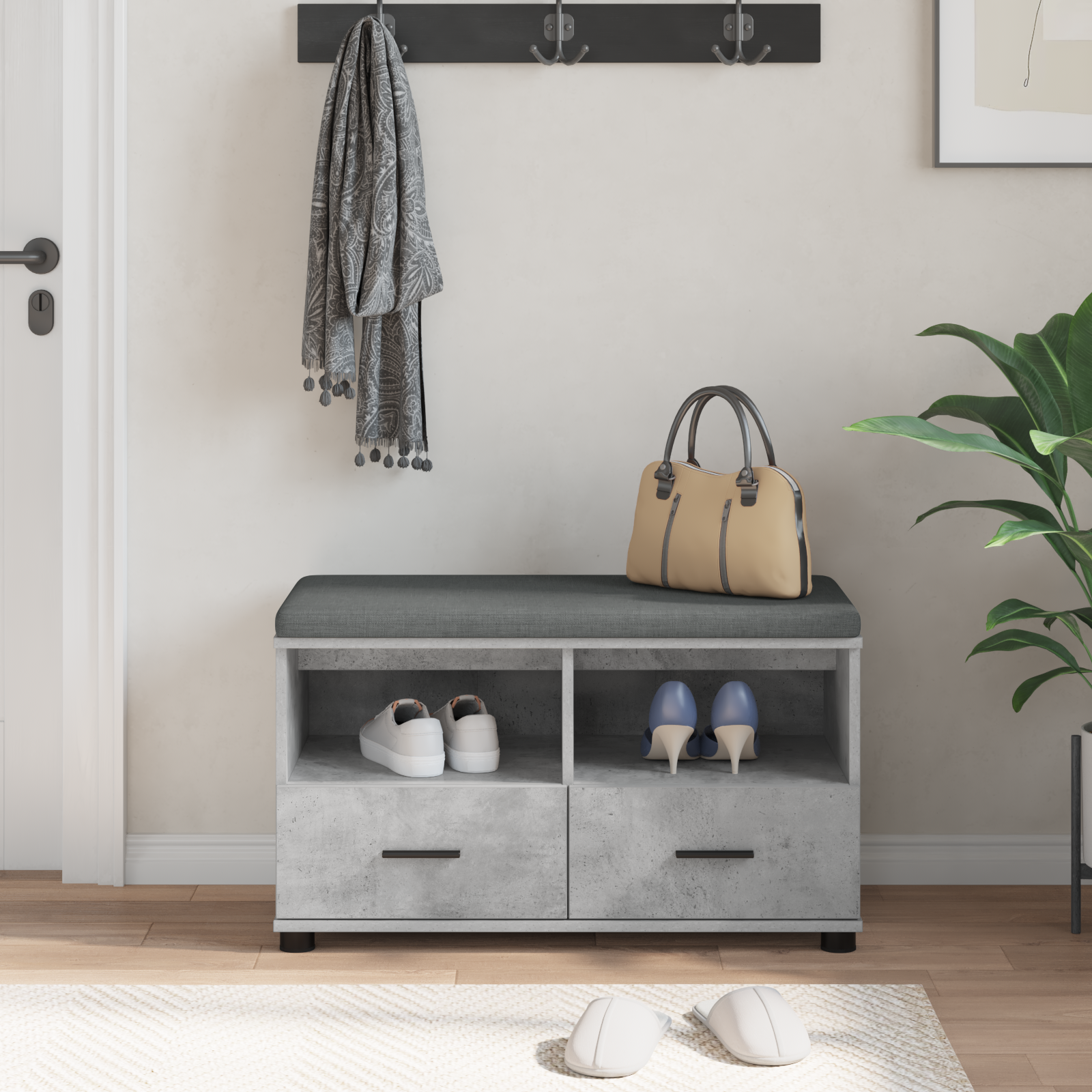 Koridoriaus suolas su pagalve Betono pilka 80 x 38 x 46 cm