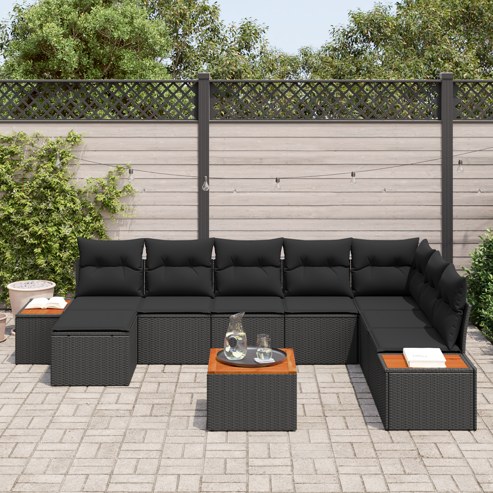 Sodo Sofų Rinkinys su pagalve 9 pcs Juoda Poliratanas