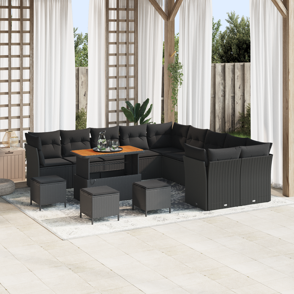 14-Piece Garden Sofa Set with Cushions Black Poly Rattan Acacia