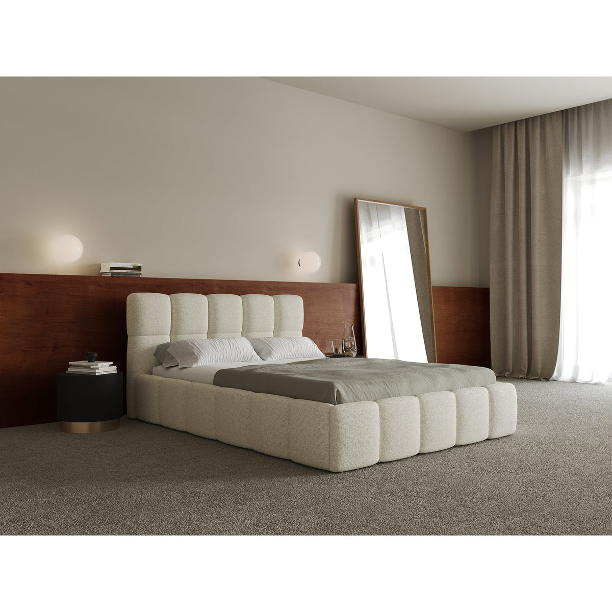 Miegamojo lova SOFTY, šviesi bežinė pinto audinio pintos su knygomis ir dekoru