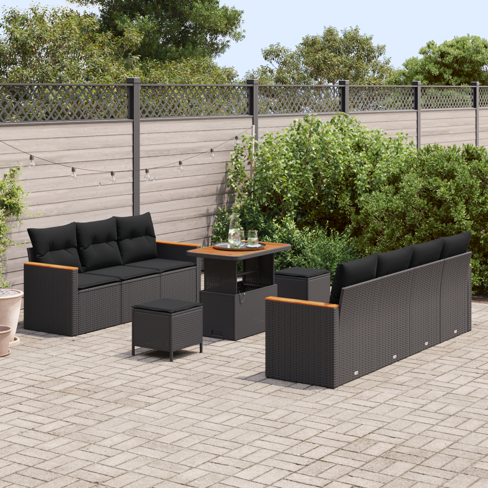 10 dalių sodo sofa rinkinys su pagalvėlėmis Juodas Poli Ratanas Akacija