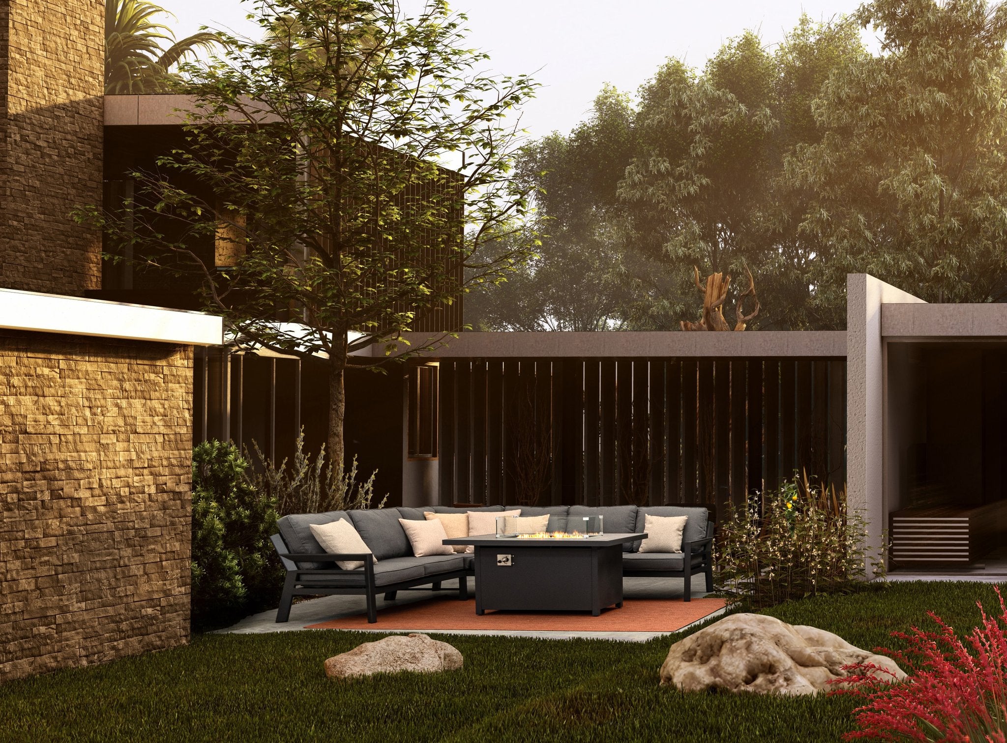 Lauko baldų kampinis komplektas HENDRIX CHARCOAL, su židiniu