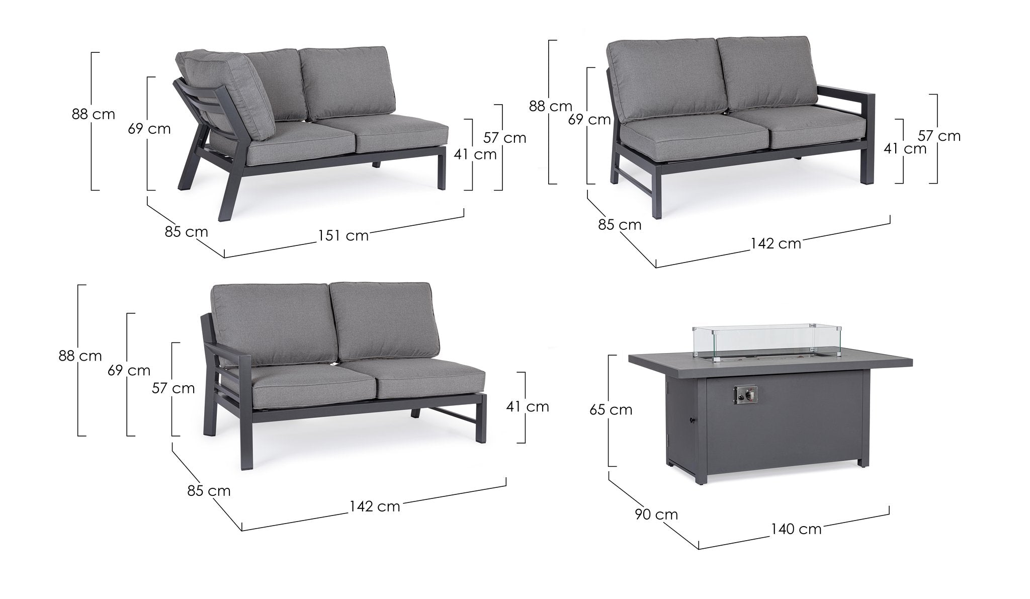 Lauko baldų kampinis komplektas HENDRIX CHARCOAL, su židiniu