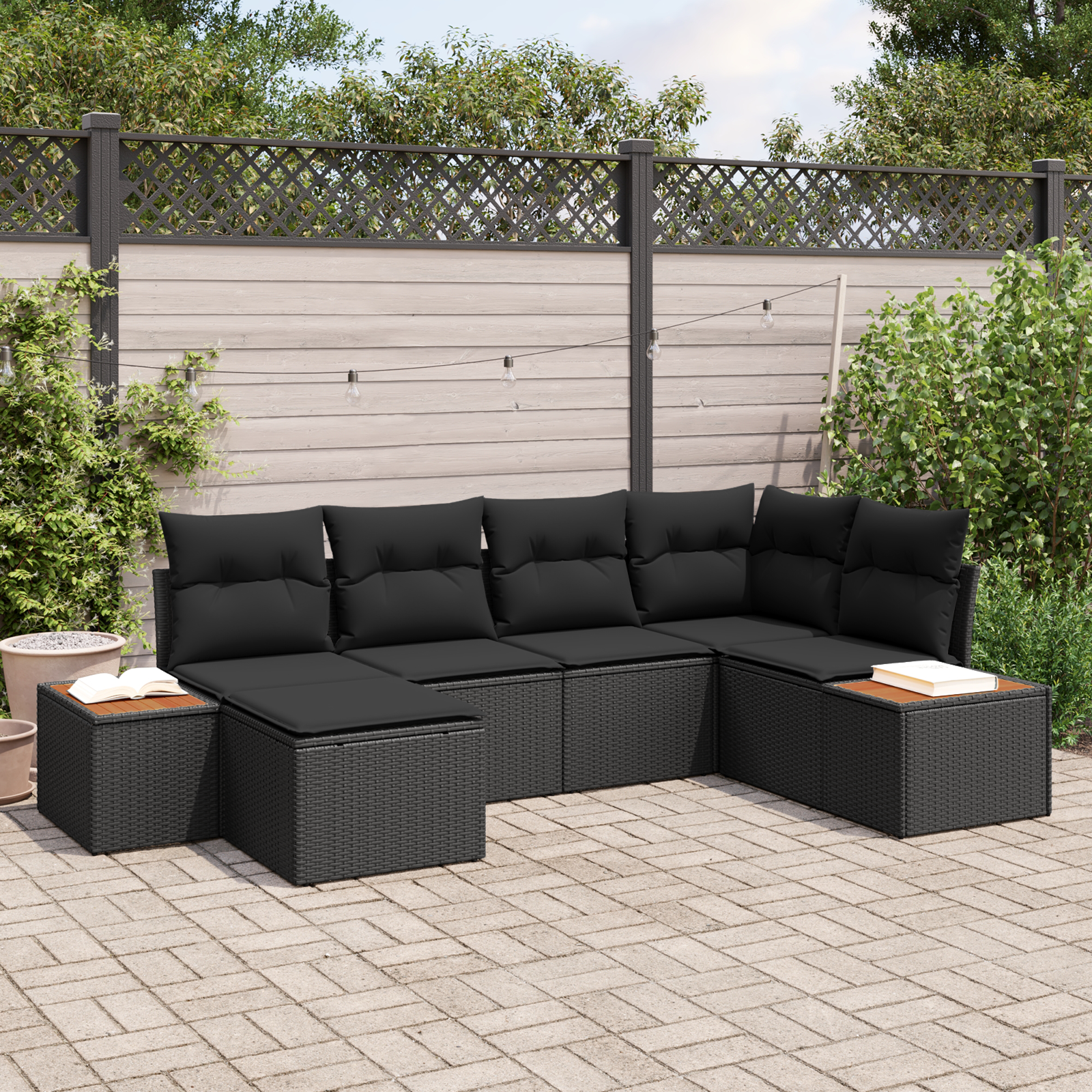 6 dalių sodo sofa komplektas su pagalvėmis juodas poliratanas akacijos