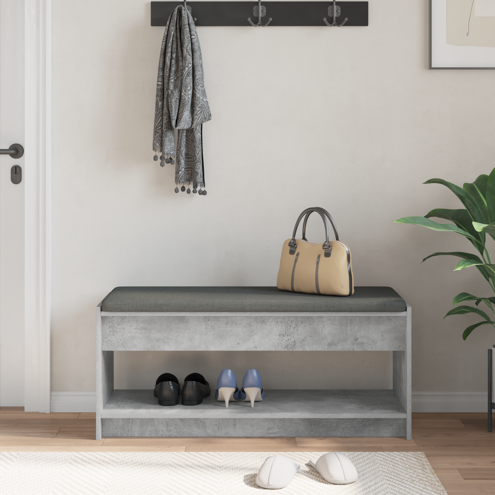 Koridoriaus suolas su pagalve Betono pilka 100 x 38 x 46 cm