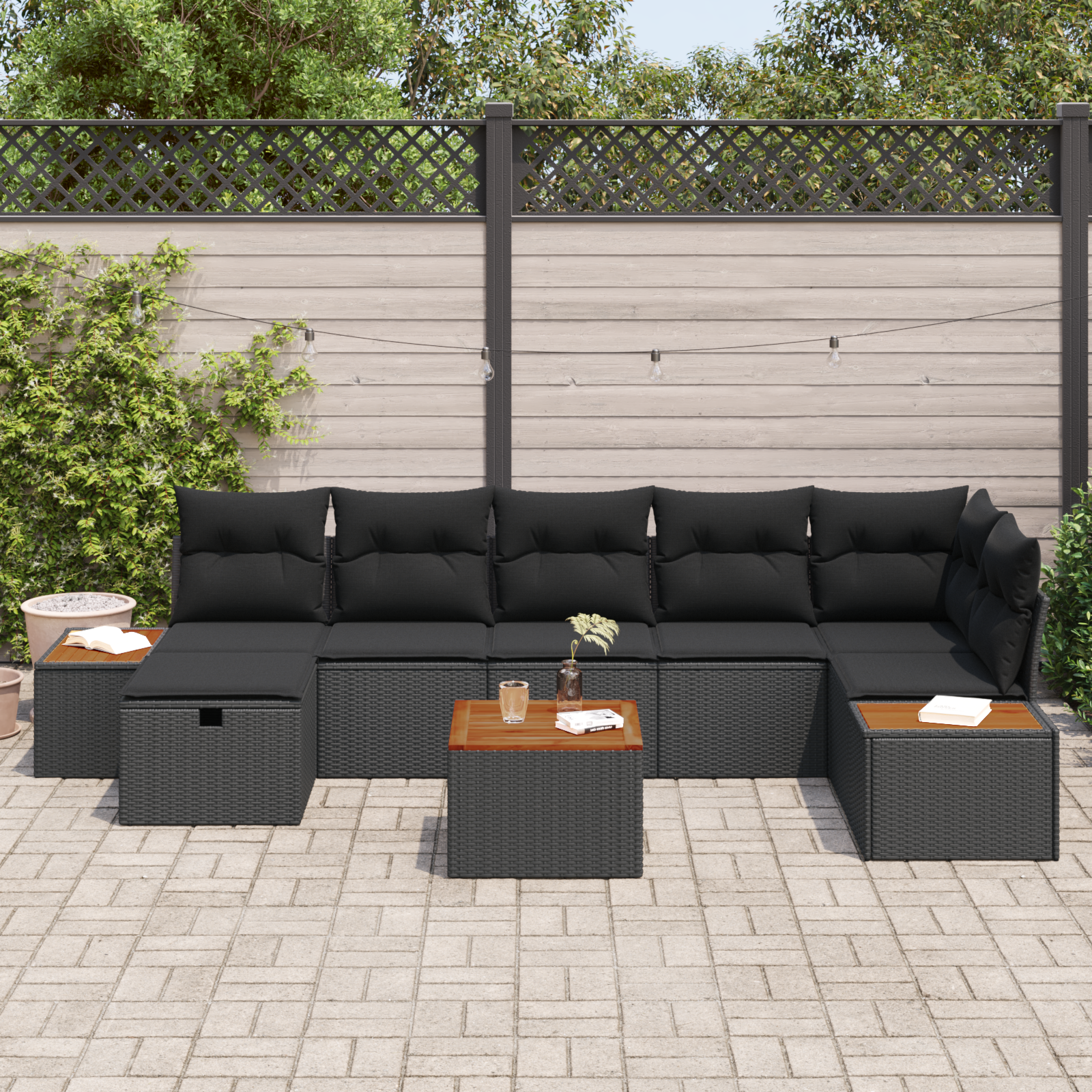 Sodo Sofų Rinkinys su pagalve 8 pcs Juoda Poli ratanas