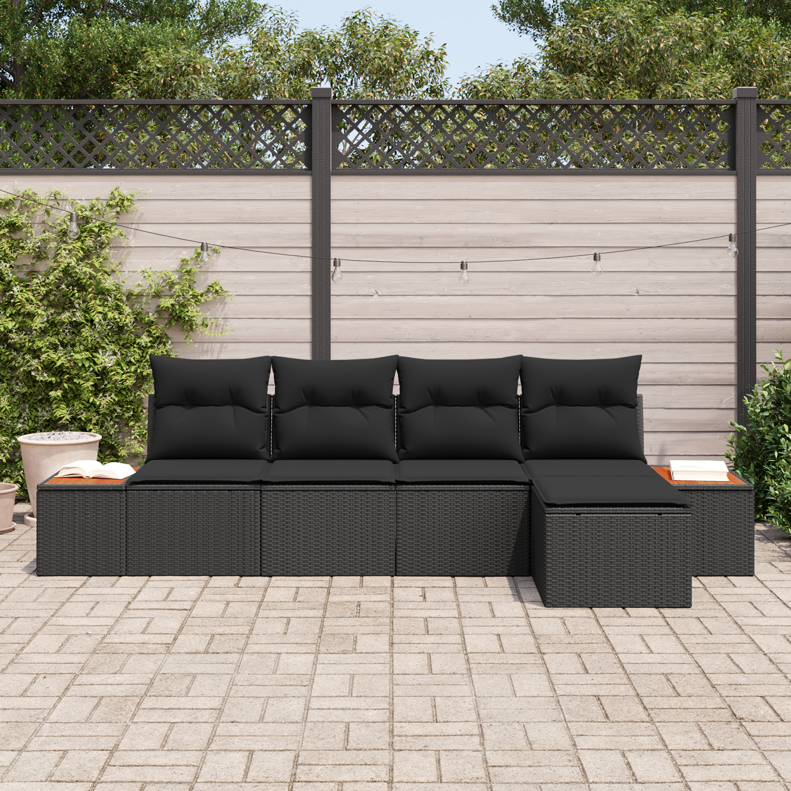 5 dalių sodo sofa rinkinys su pagalvėmis Juoda Poli Ratanas Akacija
