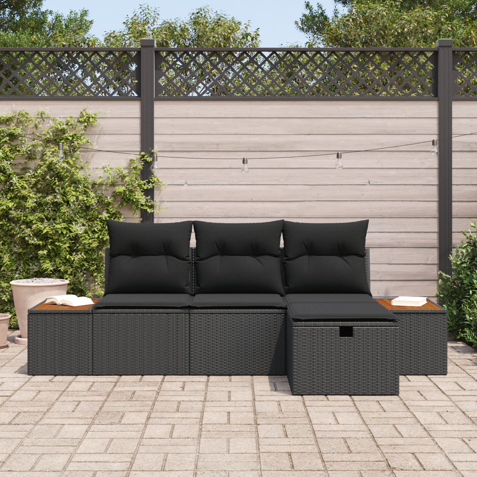 Sodo Sofų Rinkinys su pagalve 4 pcs Juoda poliratanas