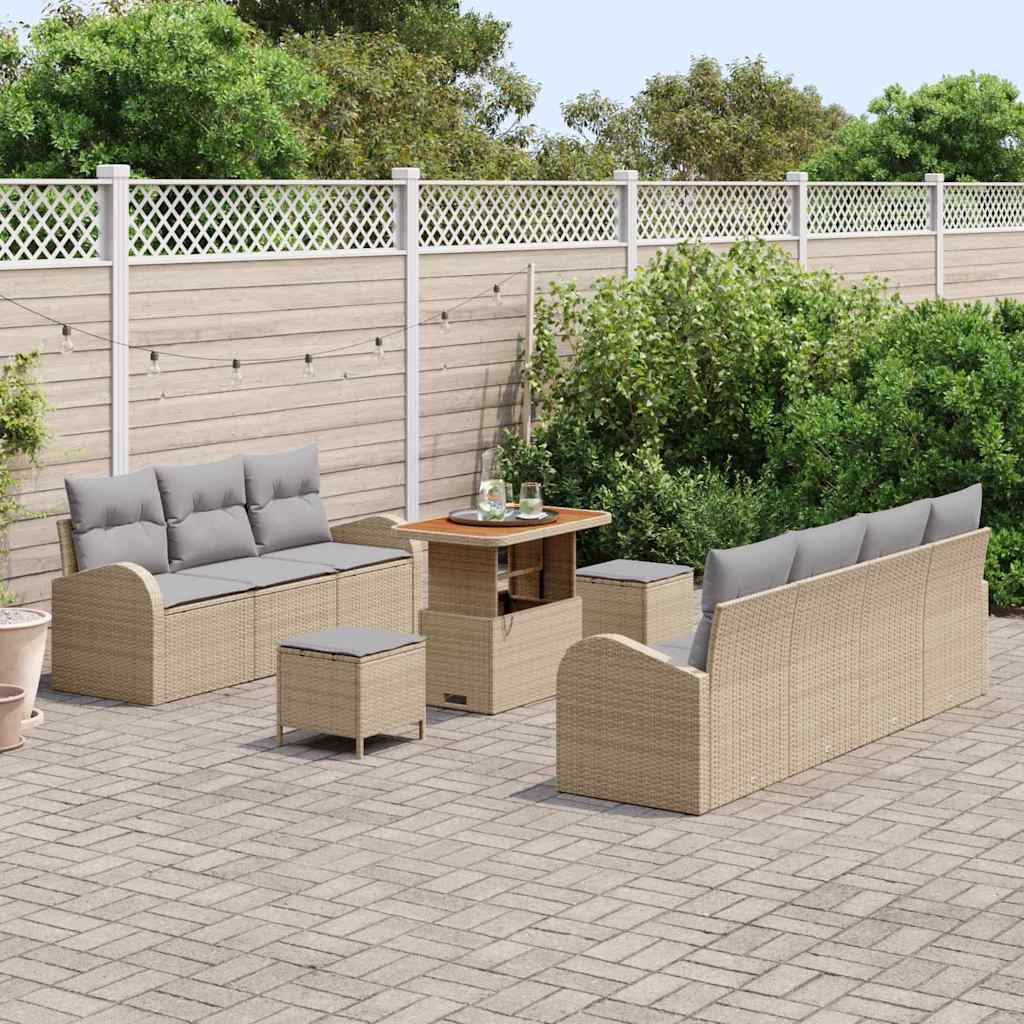 10 Dalių Sodo Sofa Komplektas su Pagalvėlėmis Bežinė Poli Ratanas Akacija - Namų Idėja