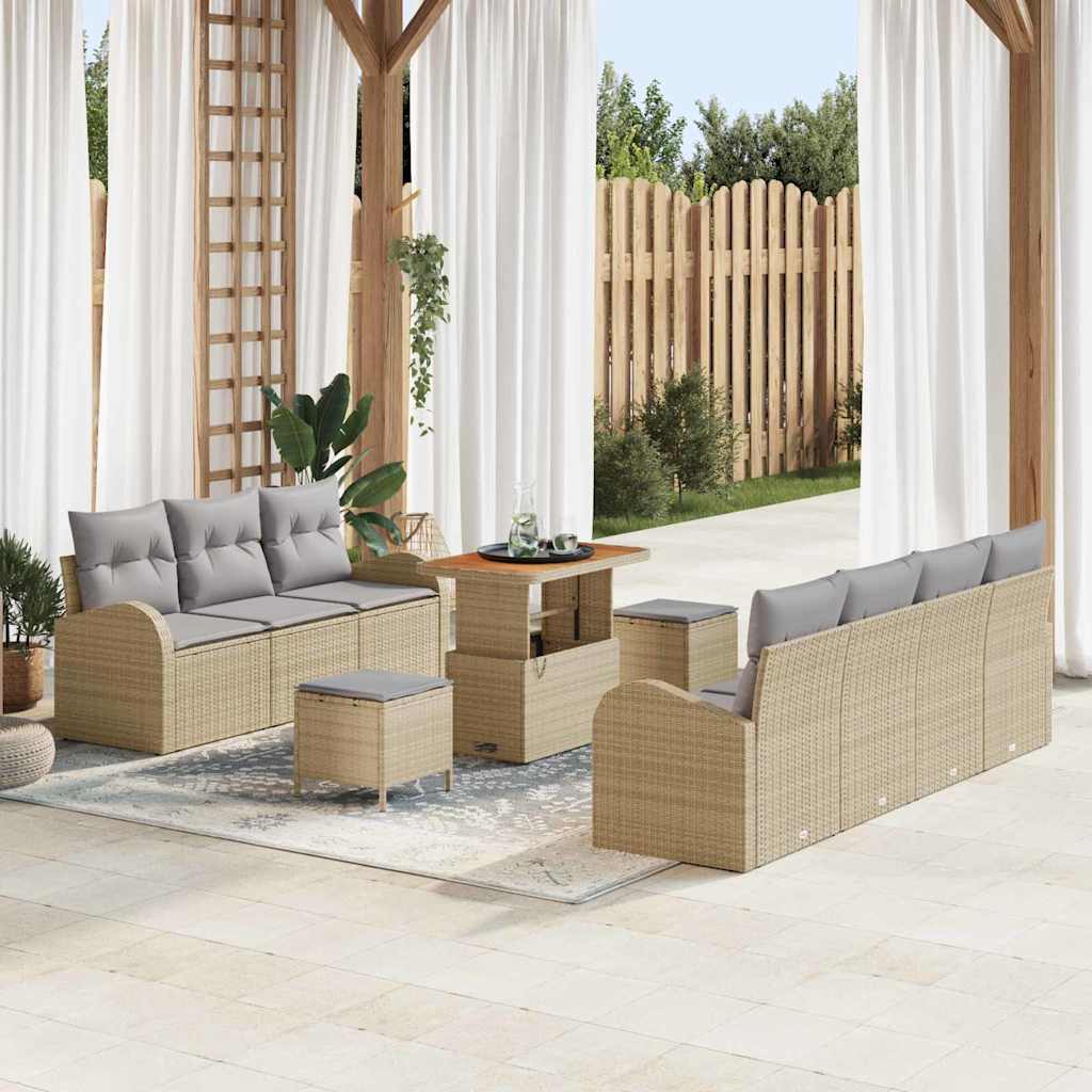 10 Dalių Sodo Sofa Komplektas su Pagalvėlėmis Bežinė Poli Ratanas Akacija - Namų Idėja