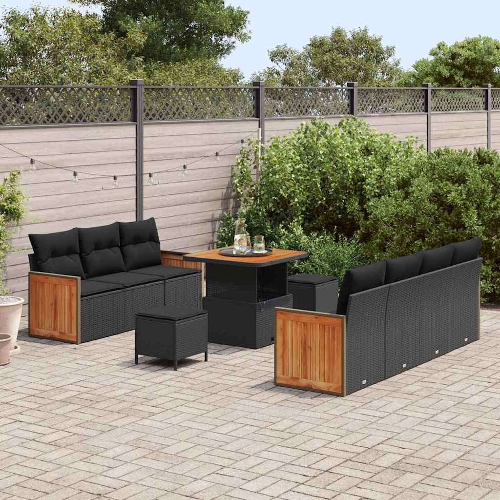 10 dalių sodo sofa komplektas su pagalvėlėmis Juoda poliratanas akacijų - Namų Idėja