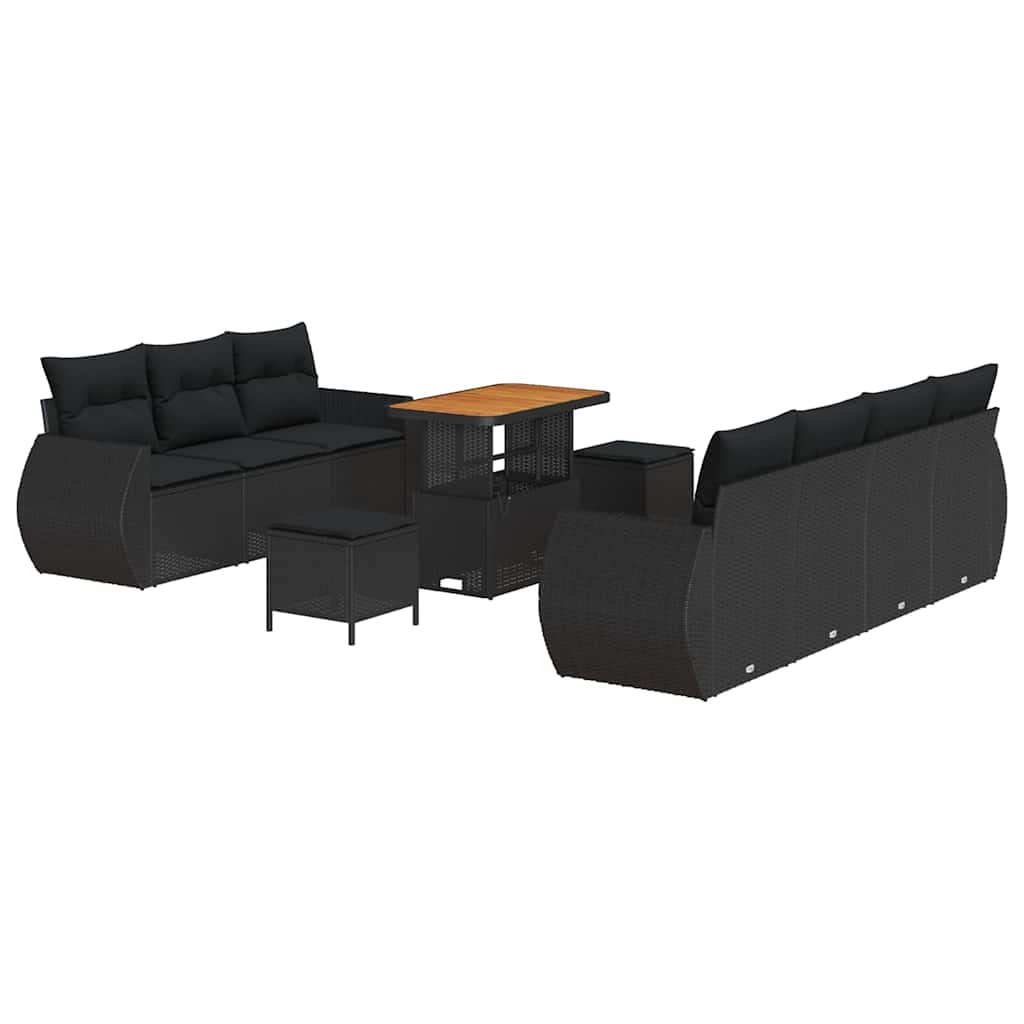 10 dalių sodo sofa komplektas su pagalvėlėmis Juodas Poli Ratanas Akacija - Namų Idėja